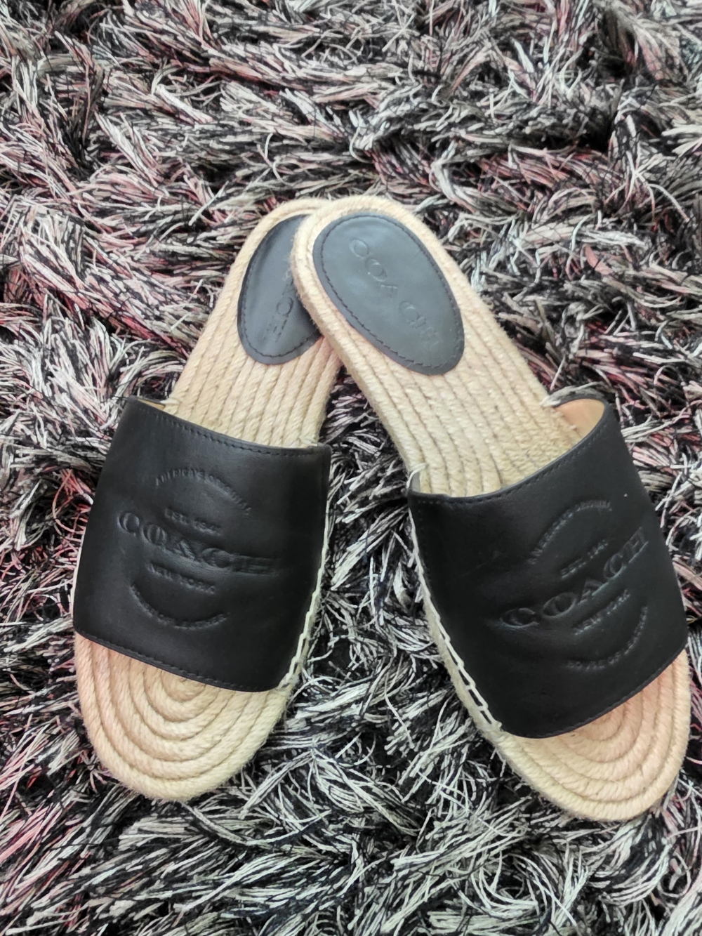 Coach Black Leather Slide Sandals with Rope Footbed